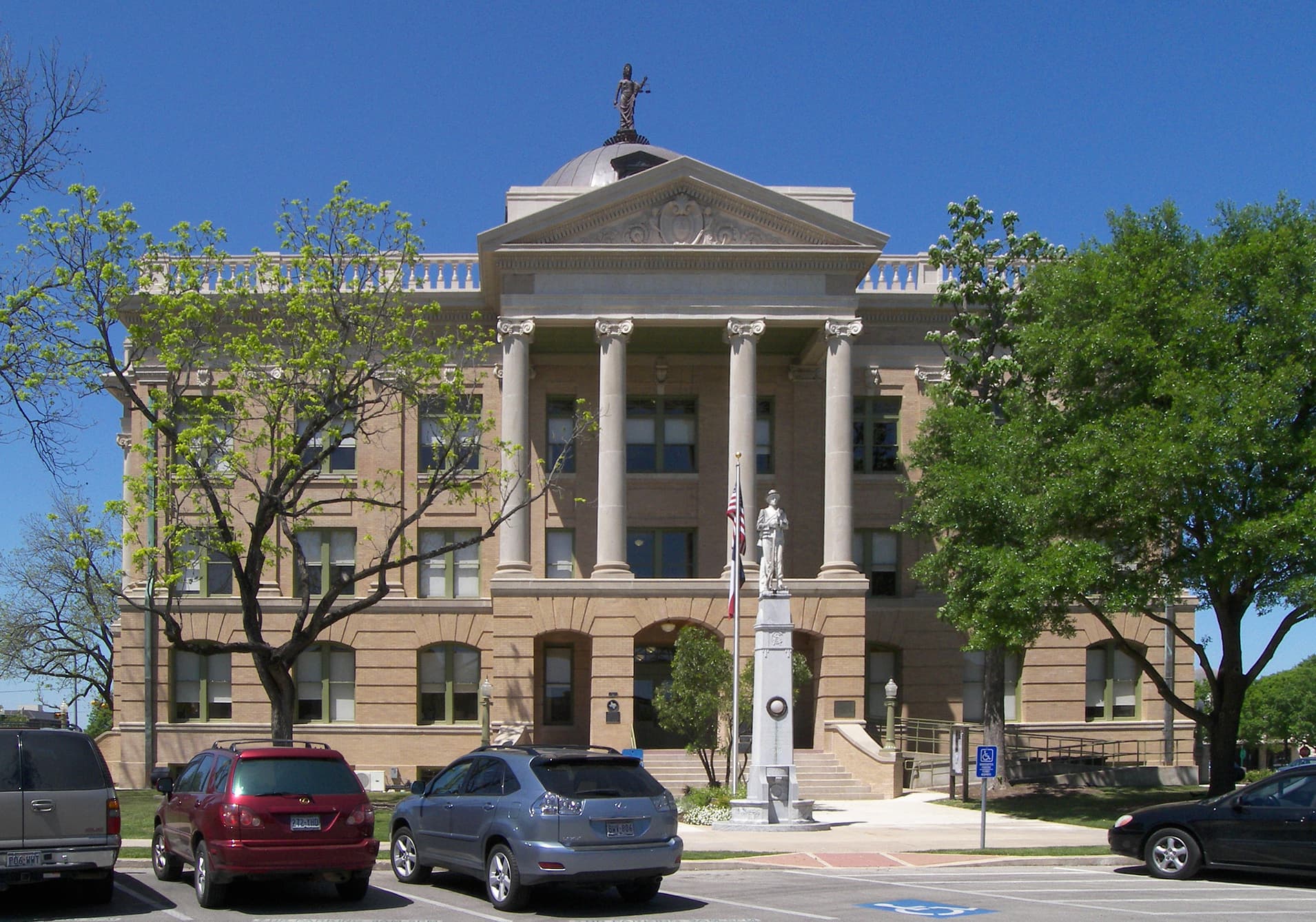 The Williamson County Courthouse in Georgetown, Texas, United States after its 2006-2007 renovation. Compare with renovation in progress image. The courthouse was built in 1910. The courthouse and surrounding historical district were listed on the National Register of Historic Places on July 16, 197