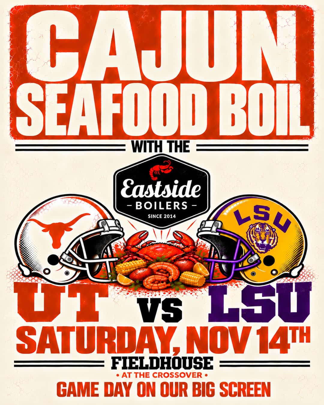 Texas vs. LSU Football Watch Party & Cajun Seafood Boil | November 14